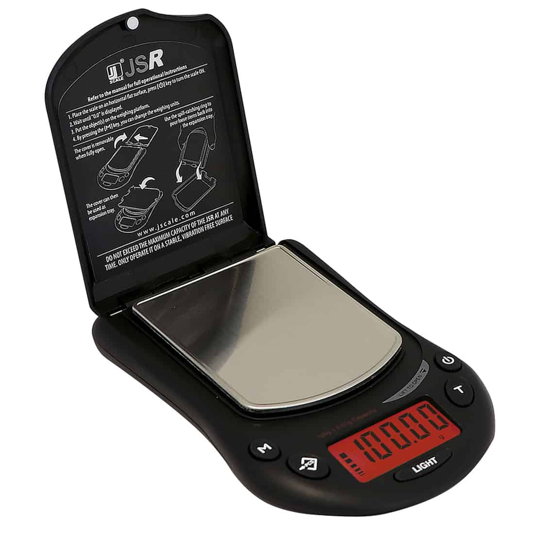 En hvid, cylindrisk beholder med en skruehætte pryder toppen. Etiketten er farverig med en primært rød baggrund, der indeholder sort tekst og grafiske elementer. Beholderens overflade er glat, mens indholdet er synligt som en fin, hvidt pulver. Hatten har en rund form og en tydelig kant, der indikerer lukningen.