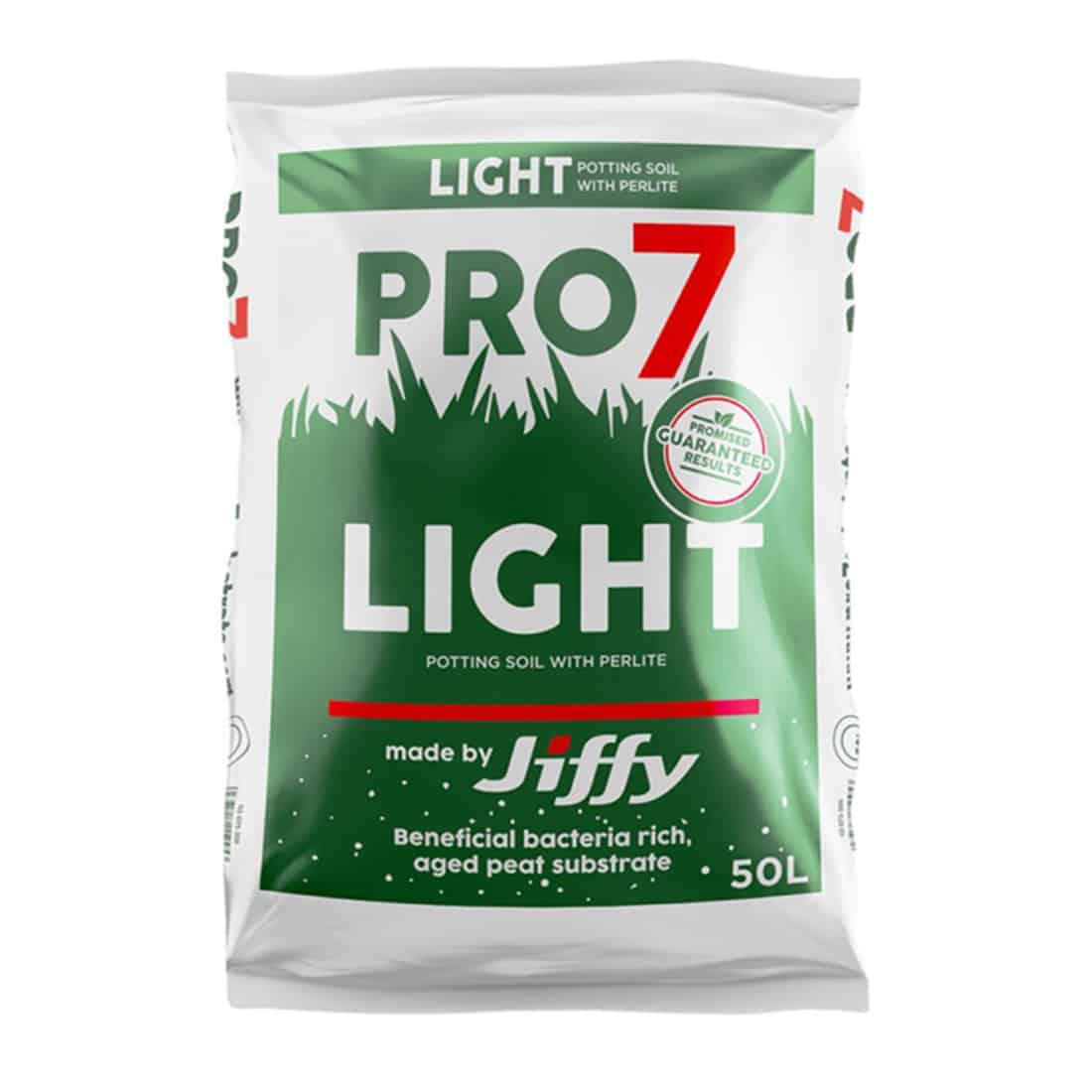 Jiffy PRO7 Light Mix består af en let, porøs blanding med en lys grå farve, som fremstår luftig og struktureret. Materialet har små, fine korn og er jævnt distribueret. Overfladen er let fugtig, hvilket fremhæver den bløde tekstur. Der er ingen synlige klumper, og blandingen har en ensartet konsistens, der indikerer god dræning.