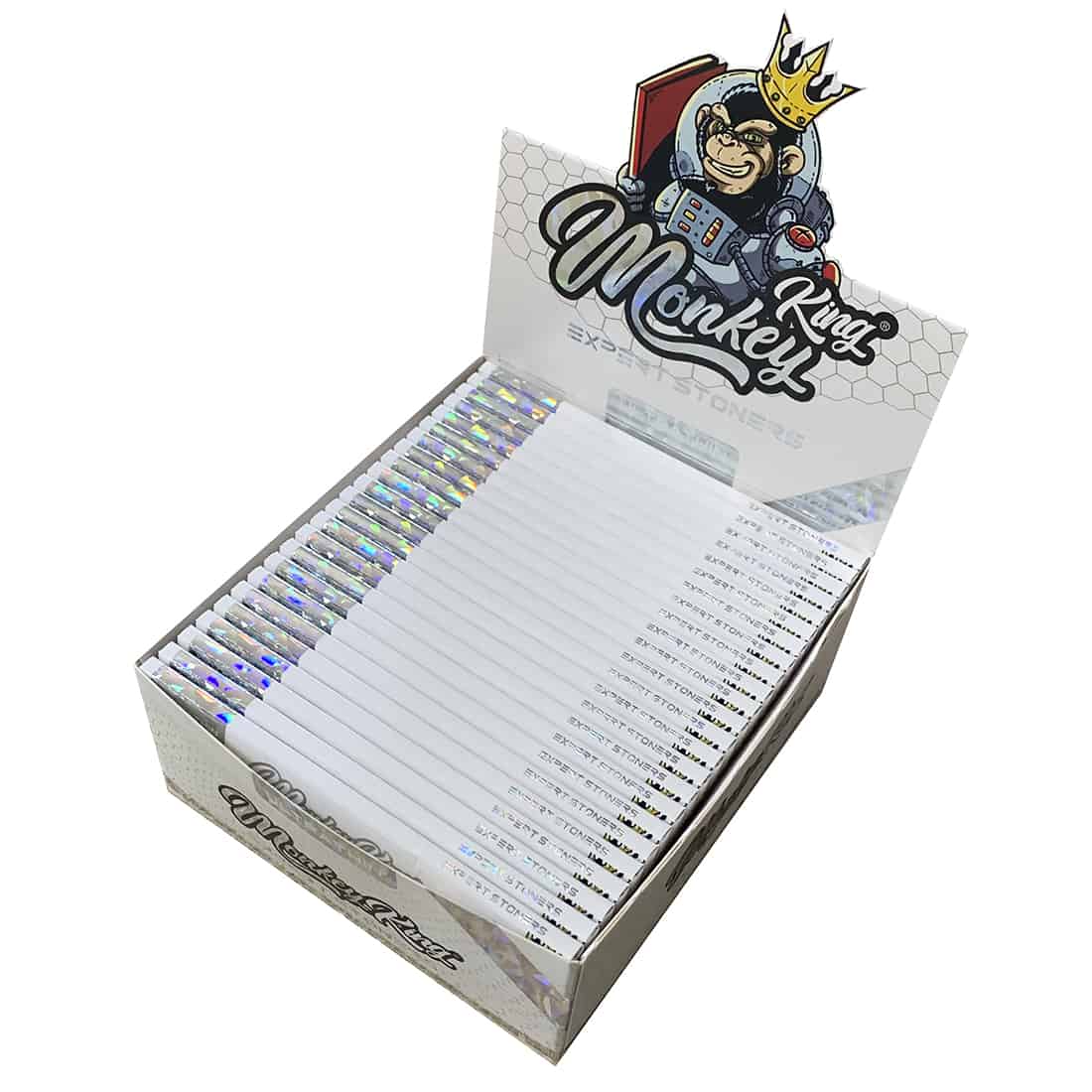 Display af Monkey King vape penne med holografisk emballage, der viser en tegneserie-abe inspireret af den legendariske Monkey King, ideel til erfarne cannabisforbrugere, der værdsætter stil og kvalitet i et ultratyndt king size slim design.