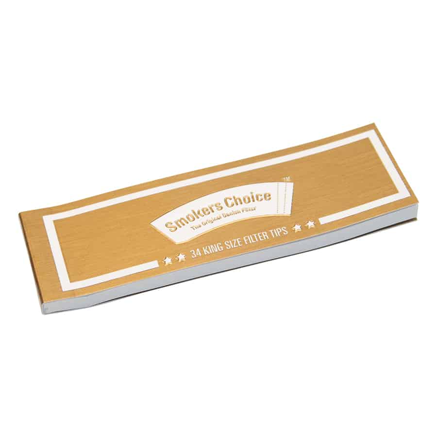 Smokers Choice - Gold King Size filterspidser," pakket i brunt, giver 34 filterspidser af høj kvalitet til dem, der søger førsteklasses tilfredshed.