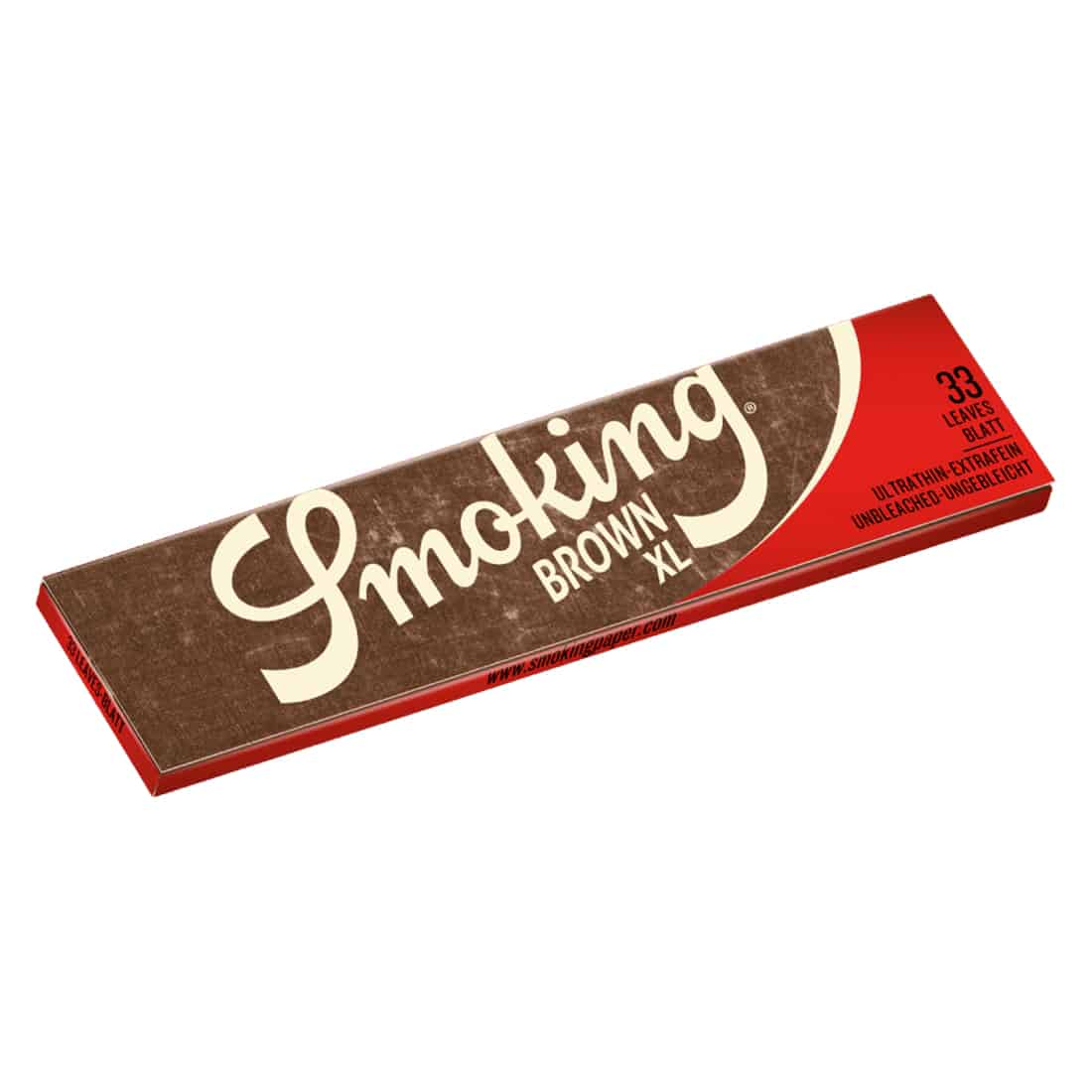 En rød og brun pakke "Smoking - Brown XL King Size" rullepapir, indeholdende 33 blade.