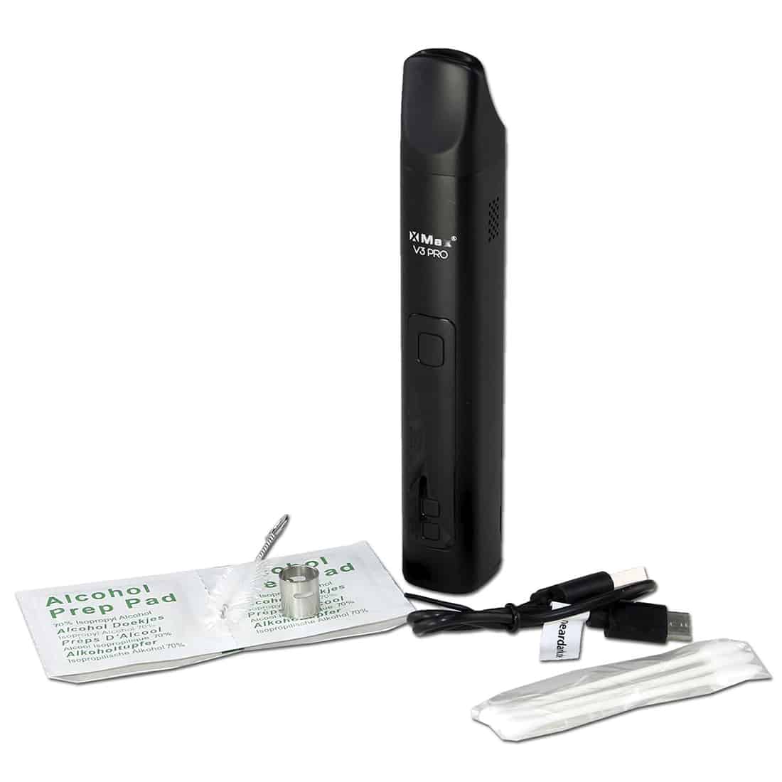 Vaporizerens ydre er fremstillet af børstet metal med en sølvgrå finish. Den har en slank, cylindrisk form og er udstyret med en digital skærm i fronten, der viser temperatur og batteristatus. Knapperne under skærmen er sorte og taktile. En glat, mørk plastikbund afslutter designet, mens dampudløbet er placeret på toppen.