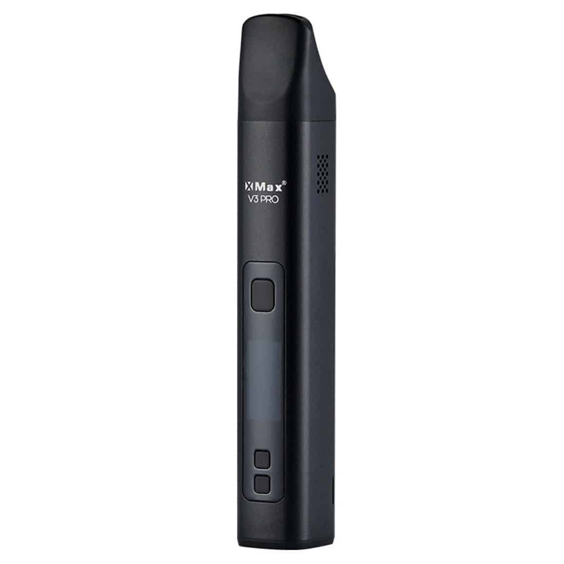 En vaporizers hovedkrop fremstår i en elegant, sort finish, præget af en let tekstur. Den har en slank, ergonomisk form med en buet top. Fronten inkluderer en digital skærm og to knapper til temperaturjustering. En lille, gennemsigtig skuffe til urter er placeret i bunden, mens en dampudgangsåbning er tydeligt synlig.