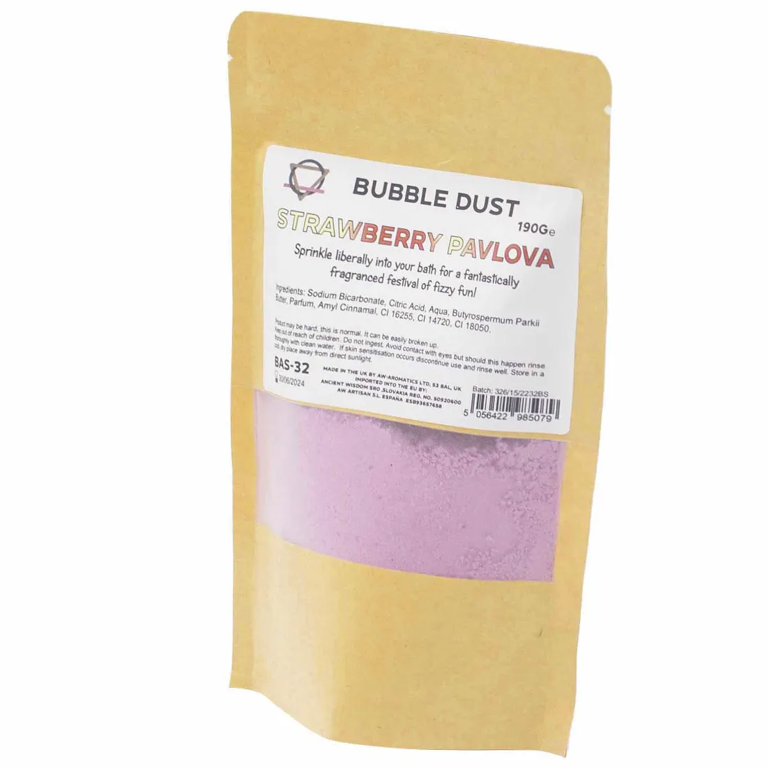 En pakke indeholdende 190 gram badestøv præsenterer sig med en klar, gennemsigtig plastbeholder. Låget er hvidt med et enkelt, farverigt design, der inkluderer en illustration af en jordbærpavlova. Indholdet er et fint, lyserødt pulver, der har en let glitrende overflade. Etiketens skrifttype er moderne, og der er en beskrivelse i sort tekst.
