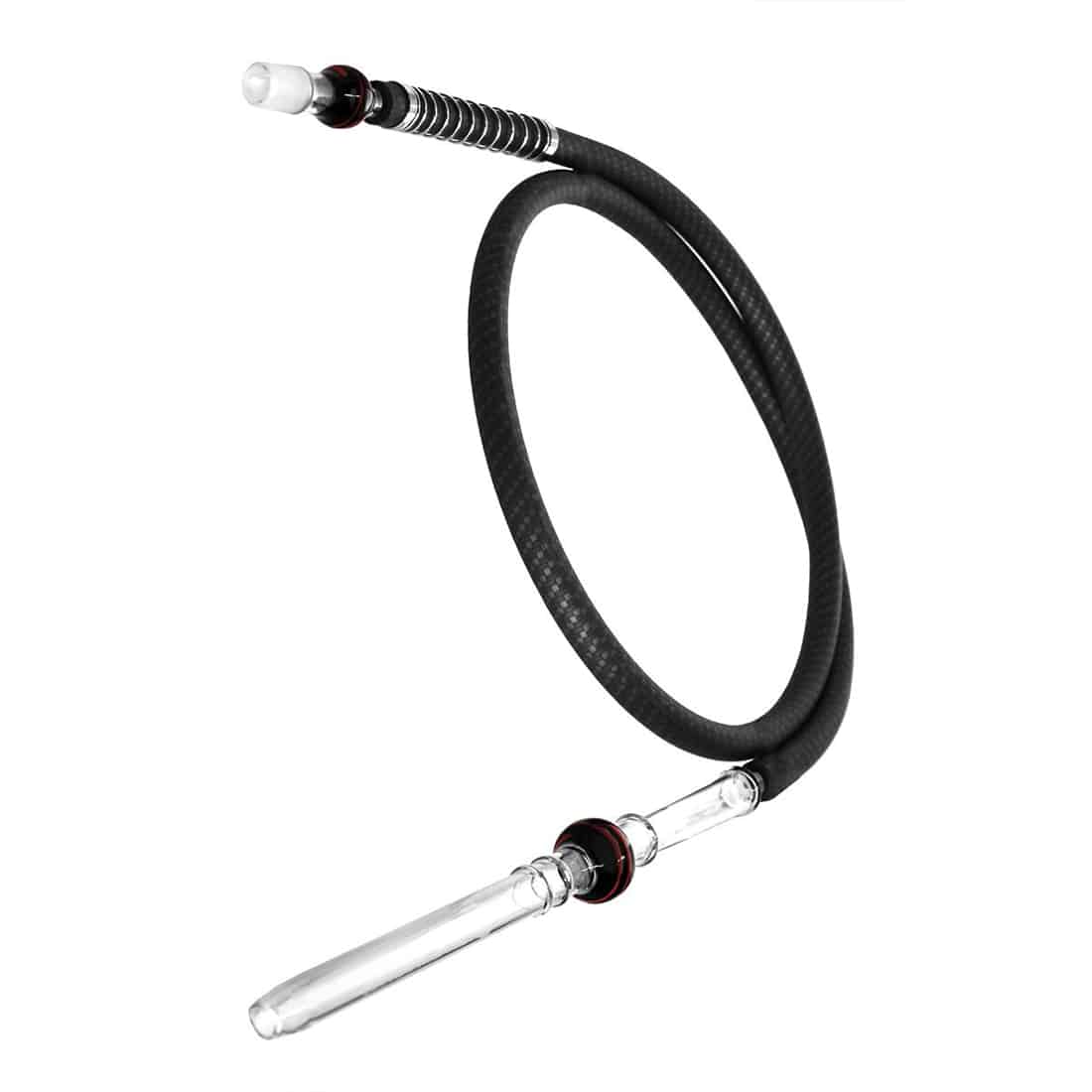 En sort og rød slangeformet genstand med en glat overflade pryder billedet. Slangen har en forlængt krop, der buer elegant, og er dækket af et mønster, der minder om en lolly-stick. Farverne er dybe og kontrasterende, med sorte sektioner der dominerer, mens røde detaljer tilføjer liv. Elementerne fremstår skarpe og veldefinerede, hvilket giver et klart indtryk af form og struktur.