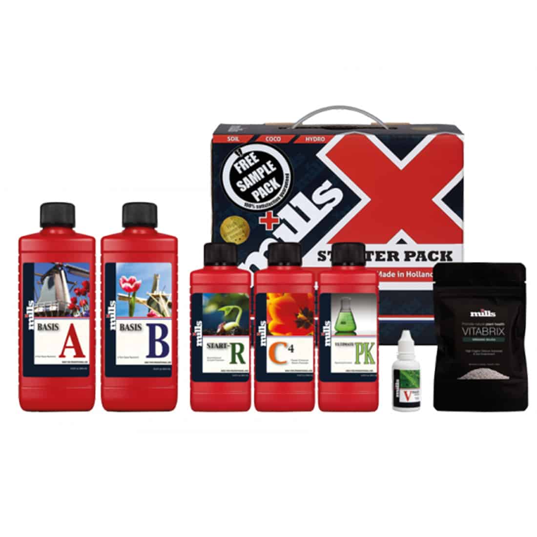 En samlet pakke bestående af tre glasbeholdere med mørkeblå låg. Beholderne har en cylindrisk form og er placeret på en lys træoverflade. Lågene har en glat overflade med en enkel, rund form. Hver beholder er fyldt med forskellige krydderier, der tilføjer farve og tekstur: rød, grøn og brun, hvilket skaber en kontrast til de klare glasbeholdere.