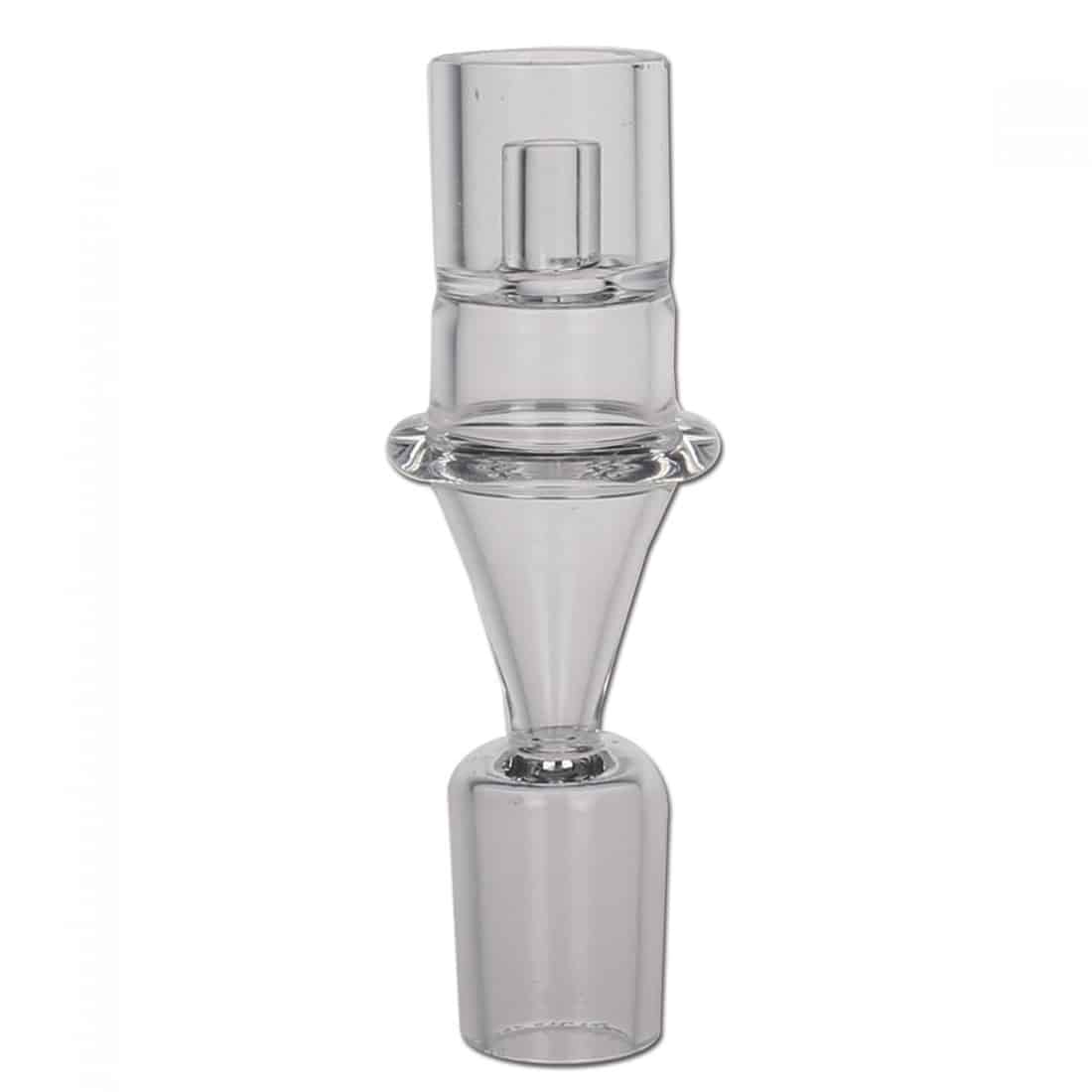 En gennemsigtig skål i kvartsglas med en glat overflade og let buet form. Skålen har en dybde, der giver plads til væske, og en diameter, der passer til en 20 mm varmeledning. Kanten er poleret, hvilket giver en fin finish. Den reflekterer lys og skaber subtile skygger på underlaget.