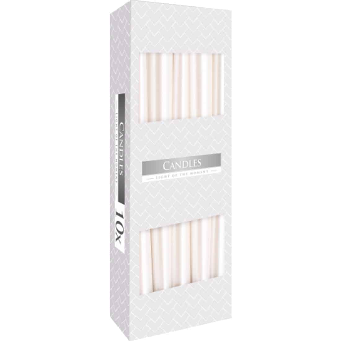 Et taper stearinlys i perlehvid farve måler 24 cm i højden. Det har en glat, cylindrisk form og en ensartet overflade uden synlige ujævnheder. Øverst er det spidset, hvilket giver en elegant afslutning. Bunden er flad for stabilitet. Lysfarven har en let varm undertone, der skaber en blød og indbydende atmosfære.