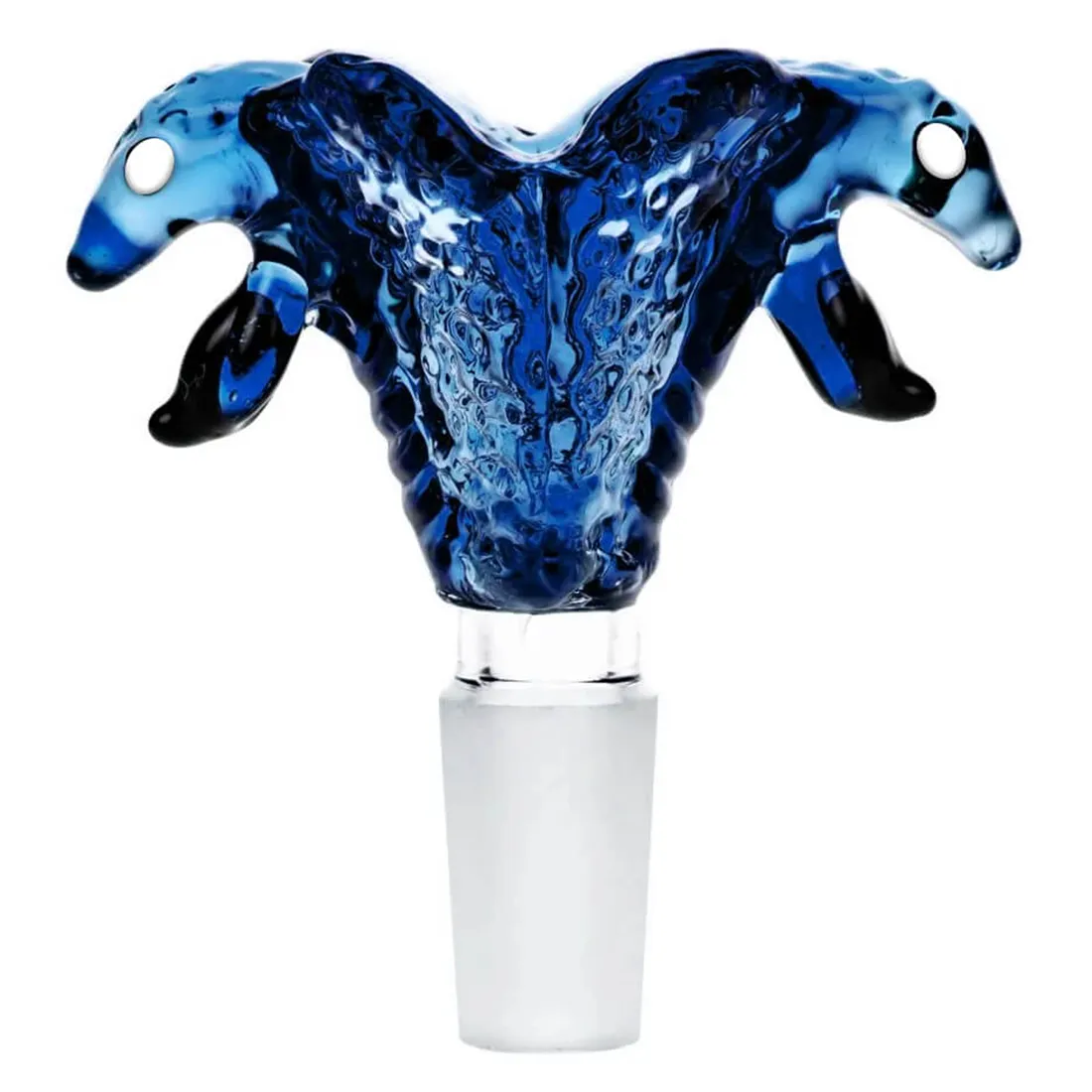 En dobbeltsidet slangeformet struktur præsenterer sig i en dyb blå nuance med glatte, strømlinede former. Materialet har en blød, næsten silkeagtig tekstur, der skaber en let refleksion af lys. Mønsteret inkluderer subtile, bølgende linjer, som tilføjer dimension. Elementerne er placeret symmetrisk, hvilket fremhæver den organiske form og farvens dybde.