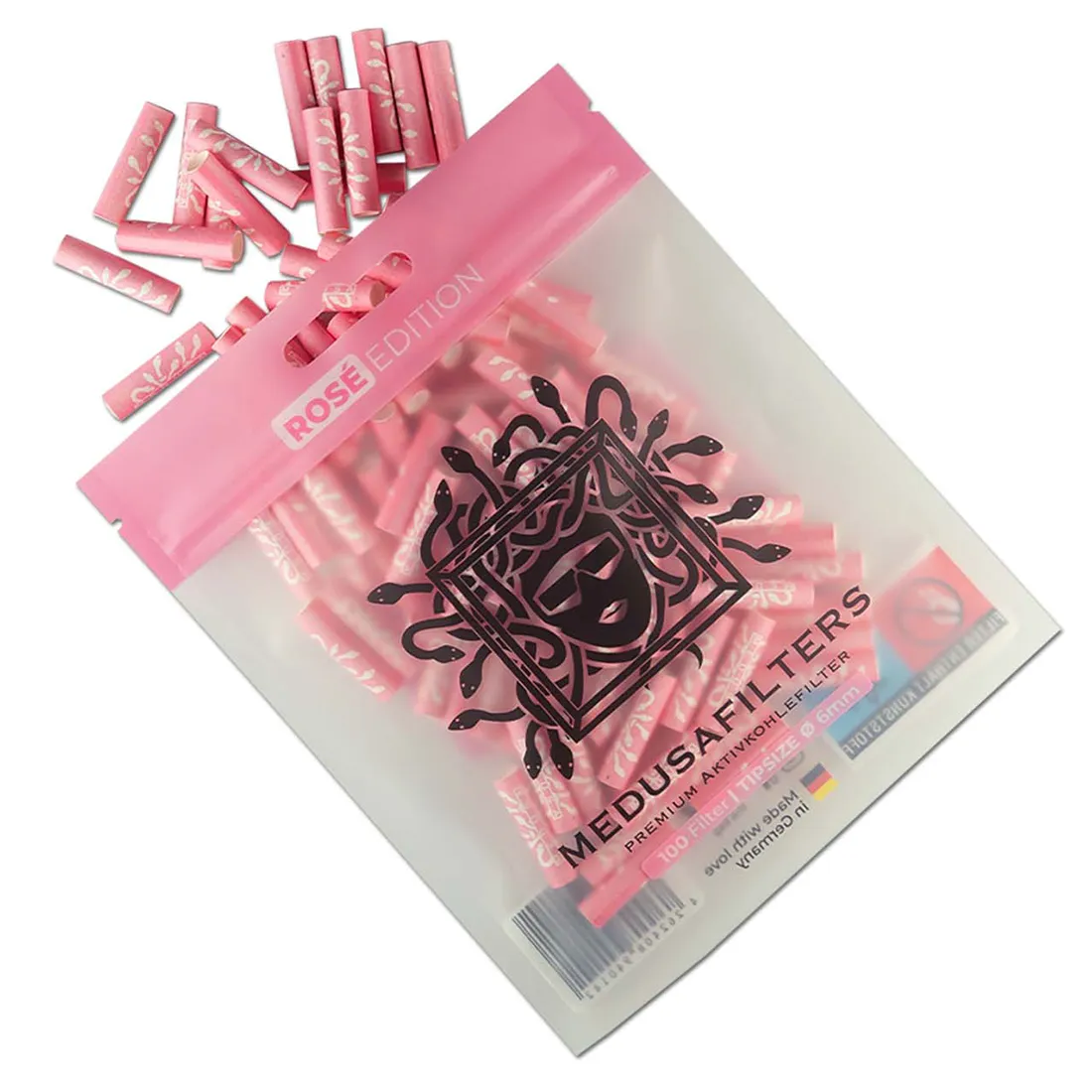 Aktive kulfiltertips i en pakke med 100 stk., hver med en diameter på 6 mm. Tipsene er cylindrisk formede og har en glat overflade med en dyp sort farve, der indikerer kulmaterialet. Pakken har et klart vindue, der viser tipsene indeni, og er forsynet med en informationsetiket i lyse farver, der angiver produktets specifikationer.