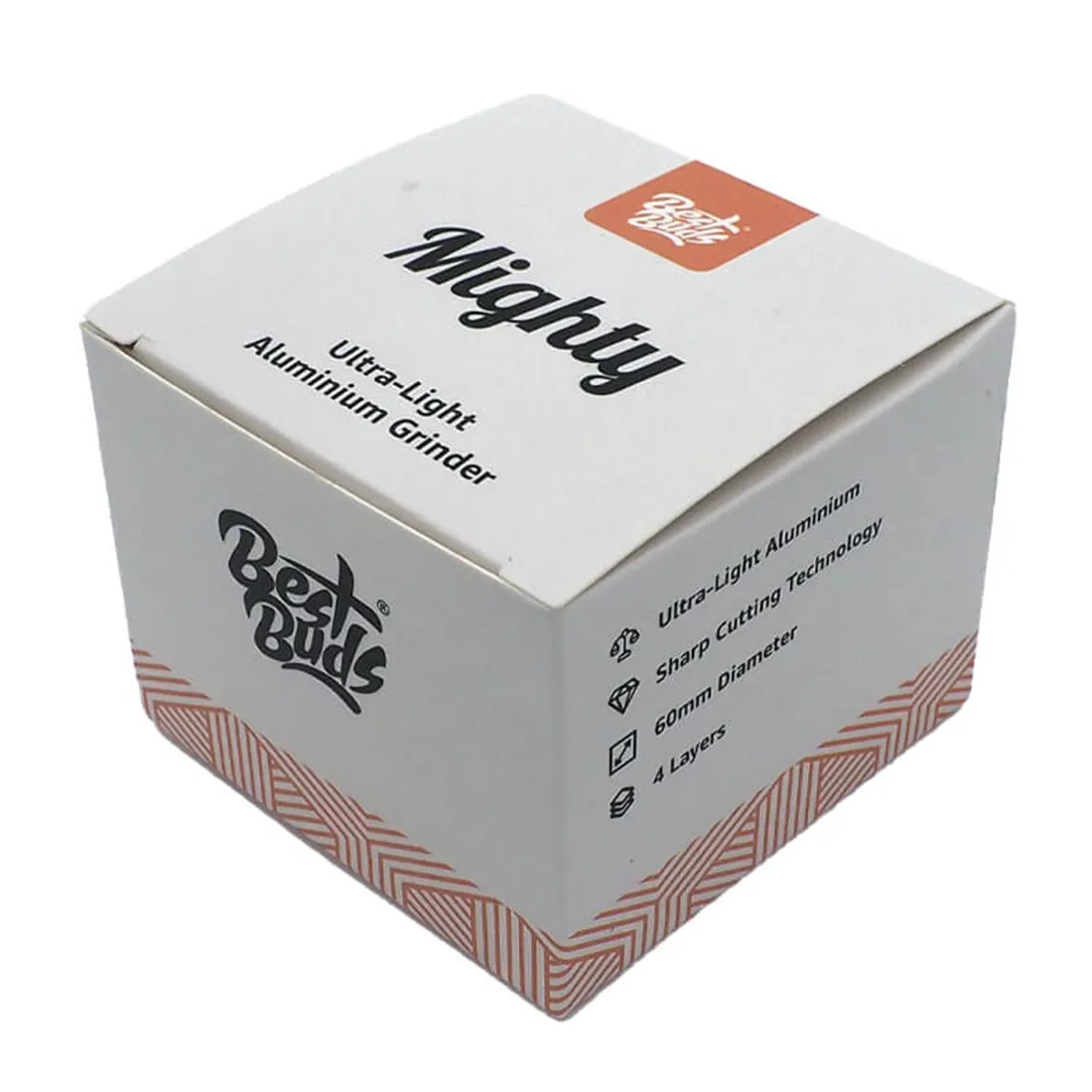 En kompakt, rund grinder med en diameter på 60 mm præsenterer sig i en roseguld farve, der giver et elegant udtryk. Overfladen er glat med en subtil metallisk glans. Den har en klassisk, flad top med præcise, indgraverede detaljer. Kanten er let buet, og der er små, skarpe tænder indeni til effektiv formaling.