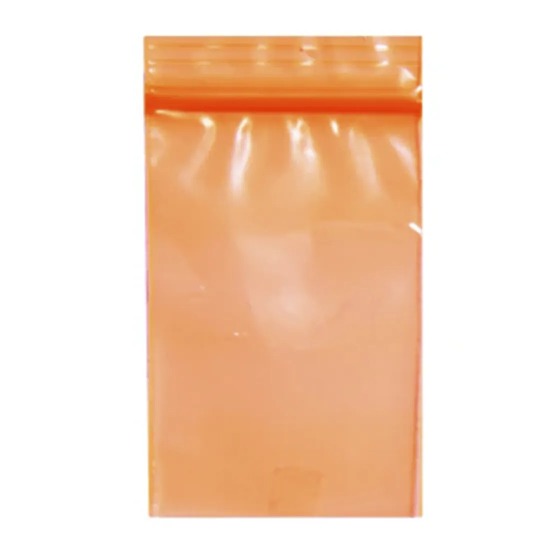 En orange zip-lock pose med en glat overflade pryder en transparent baggrund. Posen har en oval form med en tydelig lukning øverst, som er let at åbne og lukke. På forsiden er der et mønster med små, fine detaljer i lysere orange nuancer. Størrelsen er kompakt, ideel til opbevaring af små genstande.