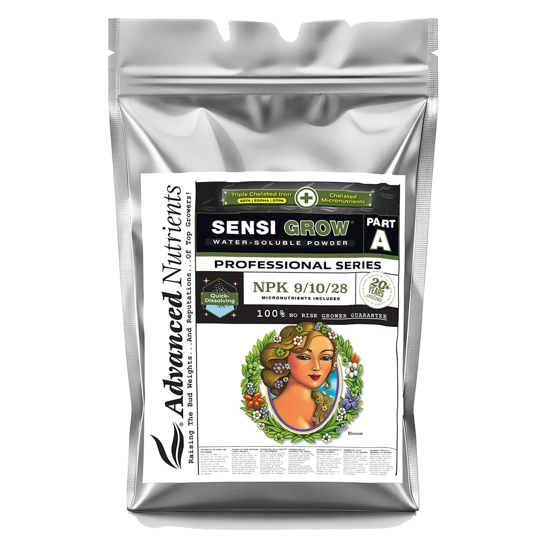 Sensi Grow Part A præsenterer sig i en hvid plastikbeholder med en sort skruelåg. Etiketten er farverig med grønne og gule nuancer, prydet med et grafisk mønster og symboler, der indikerer næringsindhold. Teksten er tydeligt trykt i forskellige skrifttyper. Beholderens form er cylindrisk, og den har en vægt på 1 kg.