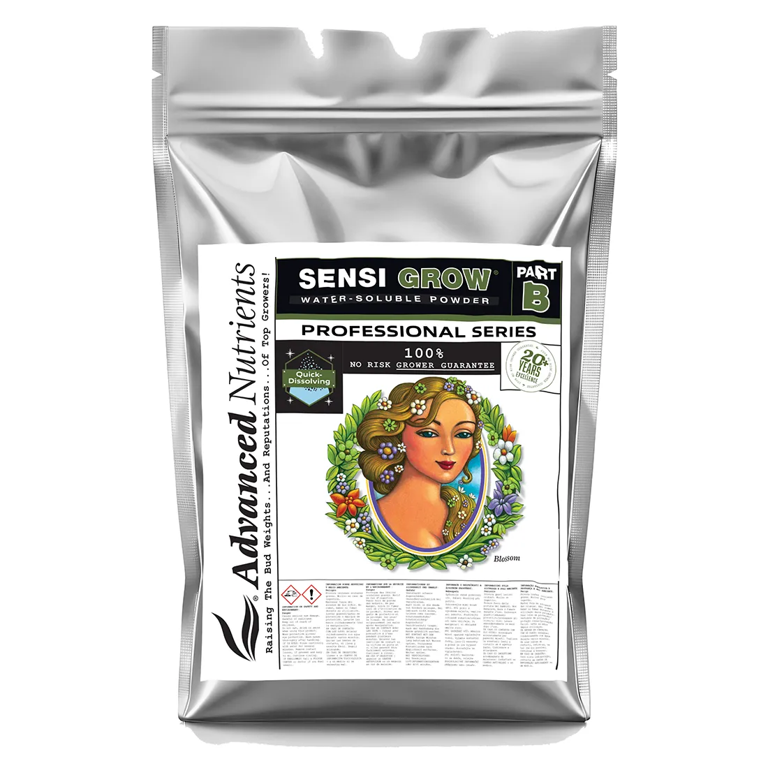 En hvid plastbeholder med en sort skruehætte præsenterer sig i et rektangulært format. Etiketens baggrund er grøn med nuancer af sort og hvid. Teksten er trykt i sort med detaljeret information om produktet. I nederste del er der en rød og hvid sektion med advarselsikoner. Beholderen har en glat overflade og tydelige, farverige grafiske elementer.