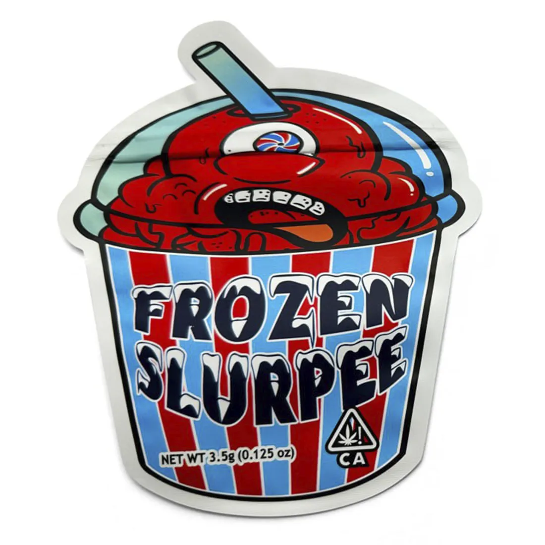 En mylar-zipperpose præsenteres med en glat, skinnende overflade i en lys blå farve. Posen har en tæt lukning med en solid lynlås, der strækker sig langs toppen. Mønsteret viser stiliserede isterninger og en slurpee-drink, der skaber et friskt og livligt udtryk. Den matte baggrund kontrasterer med posens glans, hvilket tilføjer dybde.