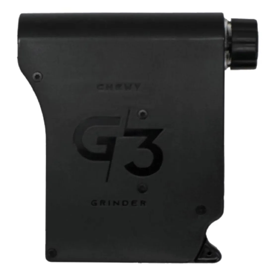 En elektrisk kværn med en sort, mat overflade og en moderne, strømlinet form. Den har en bred, flad top med knapper i sølvfarve, som er placeret centralt. Fronten har et gennemsigtigt vindue, der afslører det indre kværnkammer. Kværnen står på en stabil base med bløde kanter og en glat, ensartet tekstur.