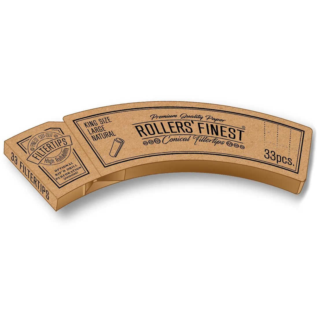 Runde, naturlige filtertips præsenteres i en neutral farve, der viser en let struktur. Hver tip har en glat overflade med en subtil, lysere kant. I baggrunden er der en tekst, der angiver størrelsen "king size" og "large". Placeringen er ordnet i en række, hvilket giver et ryddeligt udtryk. Materialet fremstår papiragtigt og miljøvenligt.