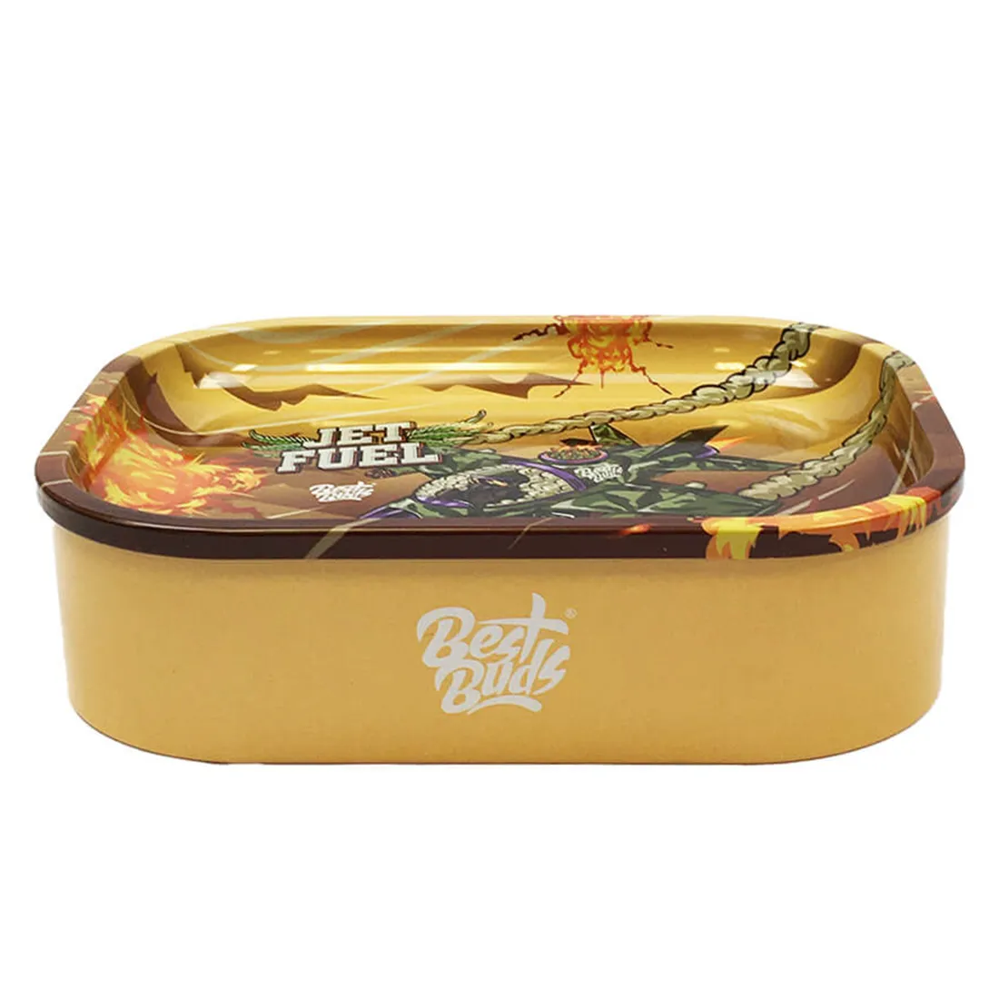 En firkantet rulleskål med afrundede hjørner præsenterer sig i en dyb grøn farve med et detaljeret mønster af stiliserede planter og blomster i kontrasterende nuancer af hvid og gul. Overfladen er glat og skinnende, hvilket skaber en let refleksion. Kanten af skålen er let hævet, hvilket indrammer designet, mens bundfladen har en diskret tekstur.