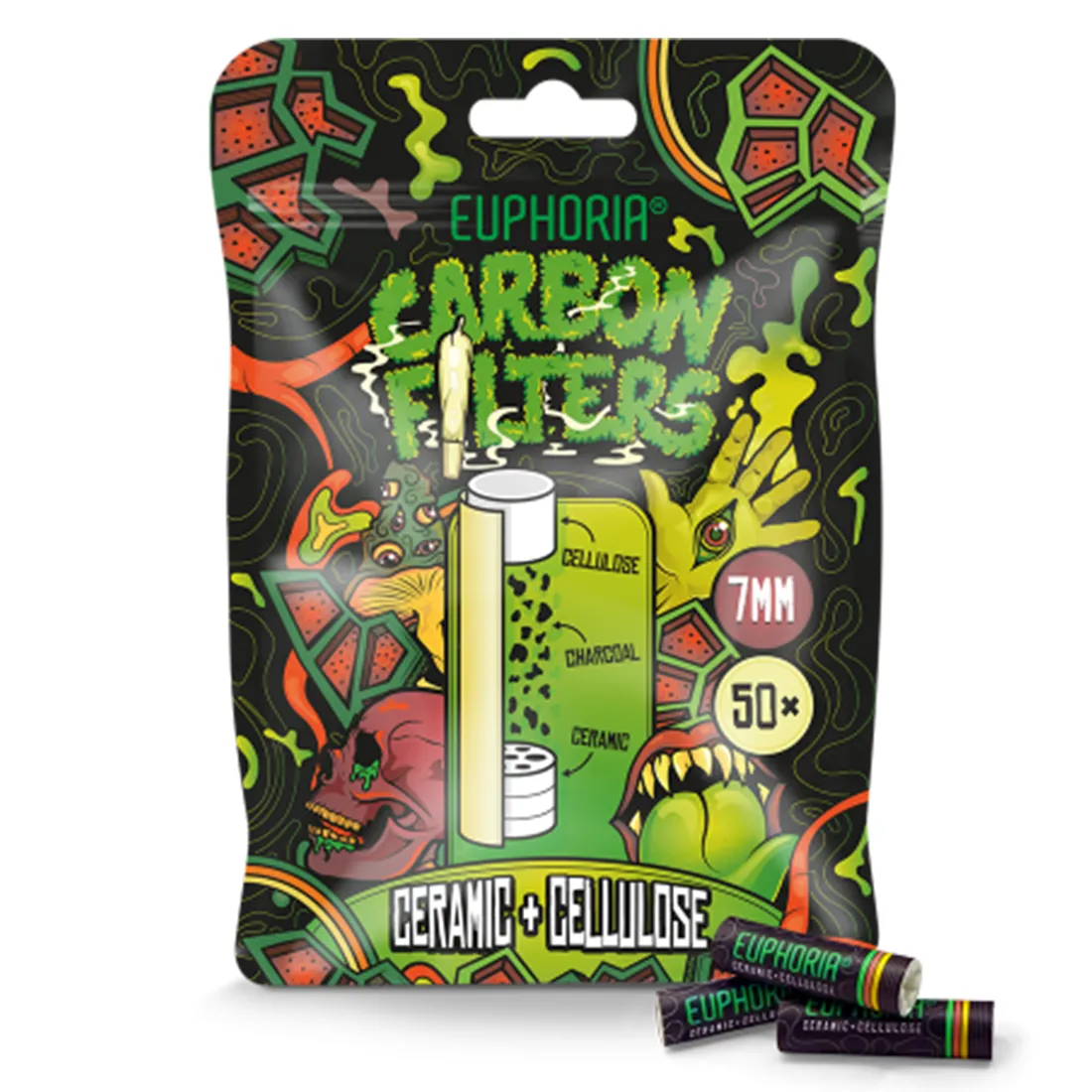 Carbon filtre i cellulose og keramik præsenteres i en pakke med 50 stykker. Hver filter er cylinderformet og måler 7 mm i diameter. Farven er naturlig hvid med en let tekstur, der indikerer en fiberagtig overflade. Filtrene er organiseret i en række, synligt adskilt af en blød plastindpakning, der også viser information om produktets egenskaber.