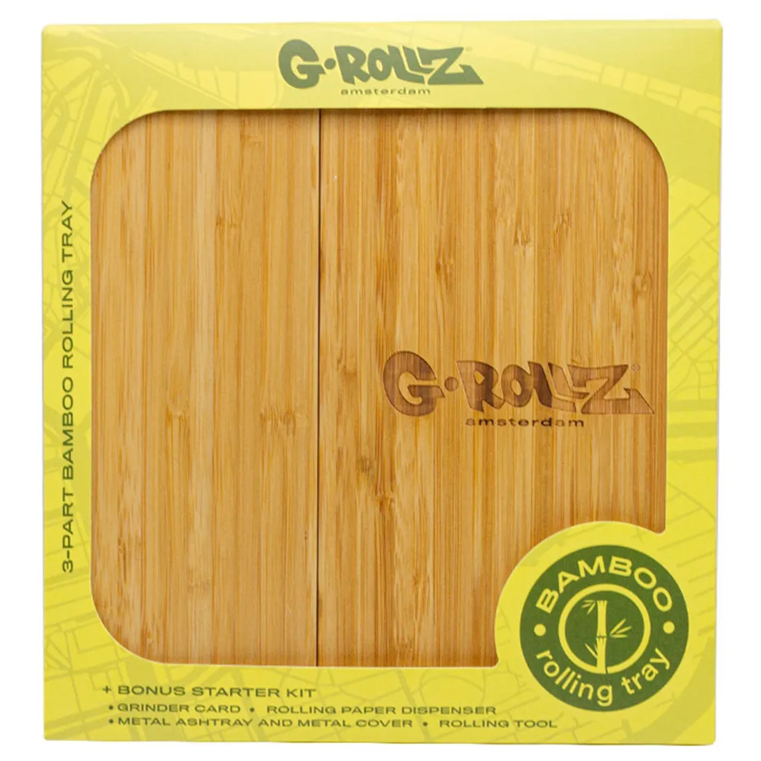 En rektangulær tray i bambus præsenterer sig med en glat overflade og naturlig træfarve. Trayens kanter er let hævede, hvilket skaber en afgrænsning. Den har en ensartet tekstur med synlige åretegninger og knaster, der fremhæver materialets autenticitet. I midten er der en subtil indgravering, der tilføjer et dekorativt element.