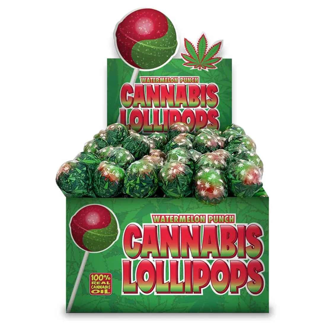 En rund, farverig sliklollipop præsenterer sig med en klar, grøn og rød farve, der skaber en frugtig og indbydende effekt. Overfladen er glat og skinnende, med en spiralformet mønster, der strækker sig fra midten til kanten. Stokken er hvid og cylindrisk, hvilket giver et kontrastfuldt udtryk til den livlige slikoverflade.