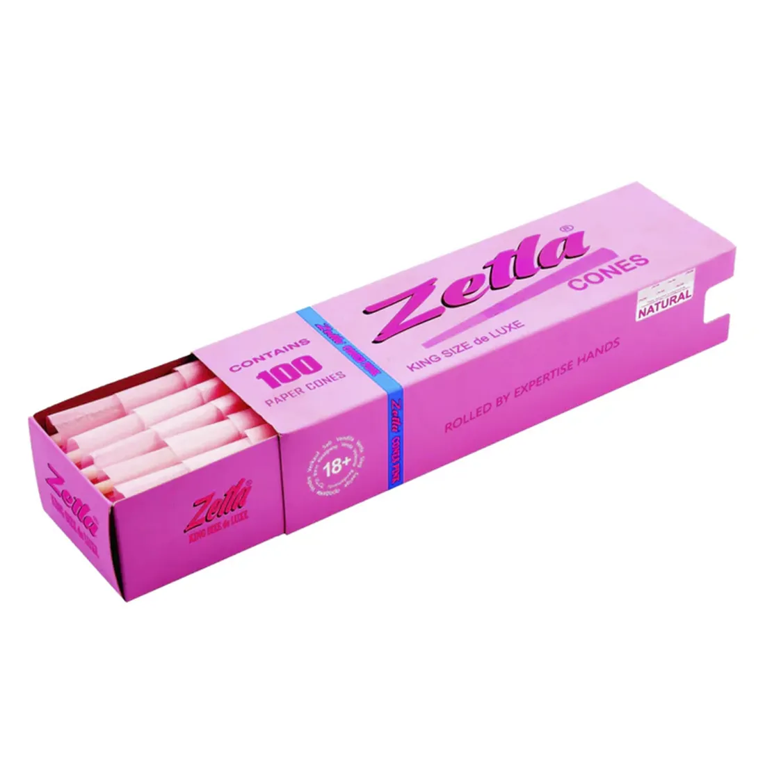 En pakke med 100 koner i en lys pink farve præsenteres. Hver kon er formet som en kegle med en glat overflade, der skaber en ensartet tekstur. Konerne er stablet i en ordnet formation, og emballagen er transparent, hvilket giver et klart indblik til indholdet. Den øverste del af pakken indeholder en beskrivelse og illustration, der fremhæver konernes dimensioner.