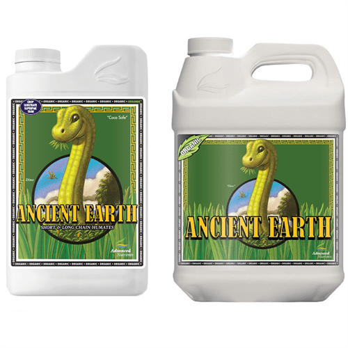 En mørkegrøn flaske med en sort kapsel præsenterer sig med et tydeligt label i lyse farver. Labelen bærer teksten "Ancient Earth Organic" i store, hvide bogstaver samt sorte detaljer. Baggrunden er delvist hvid, hvilket fremhæver flaskens farve. Øverst er der en grafisk repræsentation af blade og naturlige elementer, som tilføjer en organisk følelse.