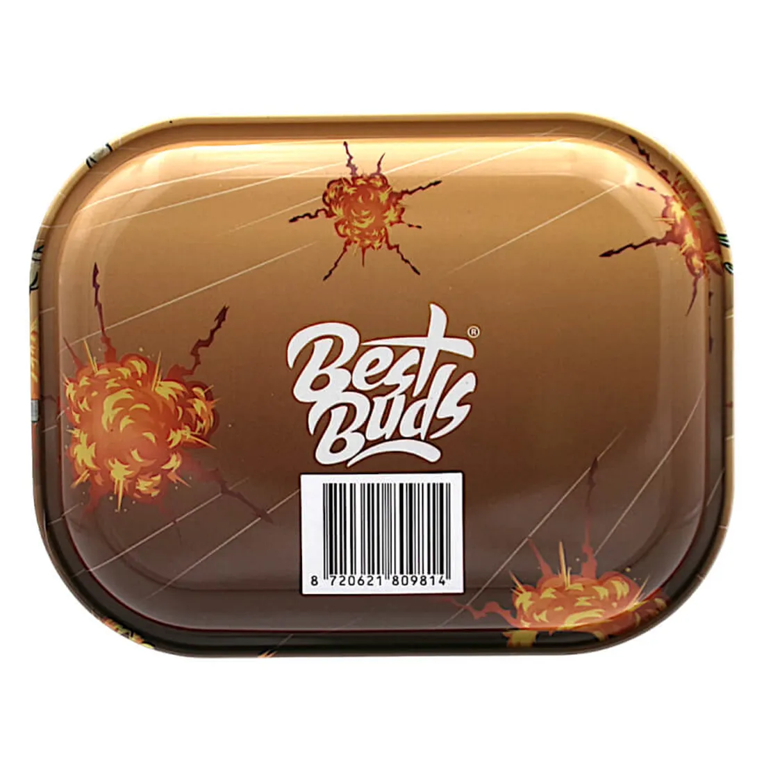 En rektangulær bakke prydes af et farverigt mønster med nuancer af grønt, orange og gult. Overfladen er glat og skinnende, mens kanterne er let hævede for at holde indholdet på plads. Bakken måler 180 x 140 mm og har en let afrundet form. Mønstret indeholder abstrakte former, der skaber en dynamisk visuel effekt.