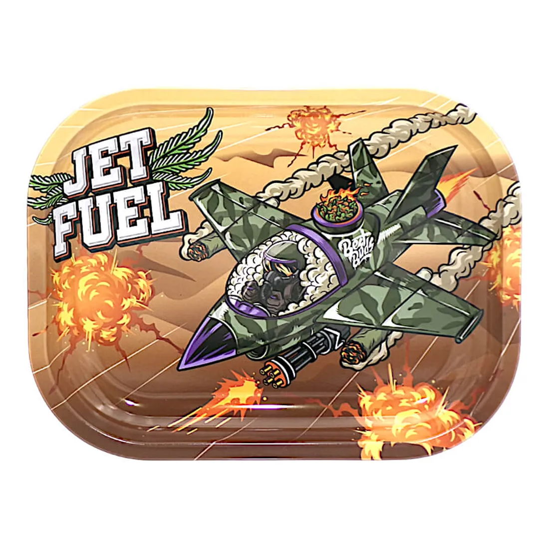 En rektangulær rullebakke præsenterer sig i en mat overflade med en sort baggrund. Mønstret er præget af farverige illustrationer af cannabisplanter og relaterede elementer, der dominerer designet. Kanten er let hævet for at holde indholdet på plads. Målene er 180 x 140 mm, hvilket gør den kompakt og praktisk til brug.