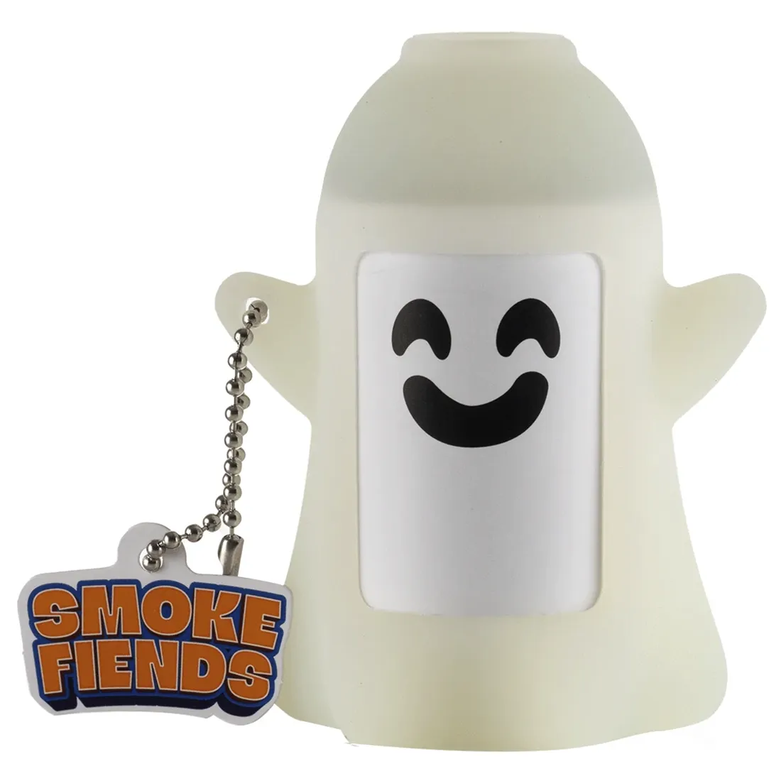 En lille, gennemsigtig enhed formet som en karakter med en hvid overflade og sorte detaljer. Ansigtet har store, runde øjne og en smilende mund. Den har en blød, mat tekstur og er designet med en grøn, miljøvenlig funktion. Enheden har en tilslutningsport og en knap placeret på siden, hvilket giver en simpel, minimalistisk æstetik.