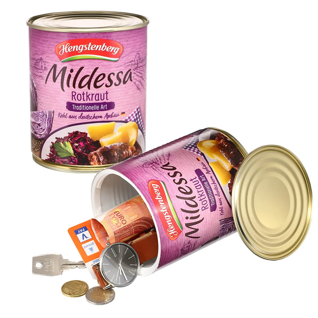 En rund, metalbeholder med en blank, rød overflade præget af en let struktur. Låget er fladt og har en skruefunktion, hvilket giver en tætsluttende lukning. Etiket i hvidt og gult pryder fronten, med sort tekst og grafiske elementer, der angiver indholdet. Beholderens kanter er glatte, og bunden er stabil og flad.