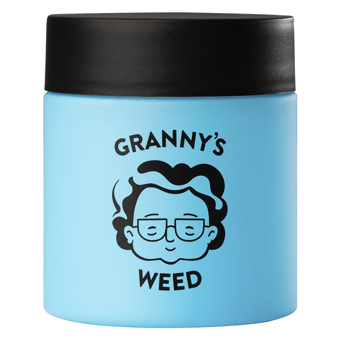 En urtekrukke i blå keramik præsenterer sig med en glat overflade og en dyb, ensartet farve. Krukken har en rund form med en bred åbning og en let indsnævret hals. Låget er fladt med en let udkragning og en lille knap i toppen. Mønsteret er simpelt og uden dekoration, hvilket fremhæver den matte tekstur.