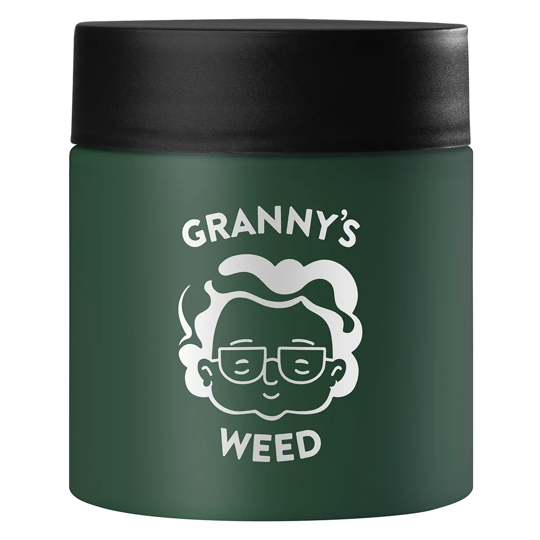 En urtekrukke i en dyb grøn farve præsenterer en glat, matte overflade. Krukken har en rund form med en bred åbning, der fremhæver dens funktionalitet. Låget, der passer tæt, har en let buet top med en dekorativ detalje. Et lille symbol er præsenteret på siden, hvilket tilføjer et subtilt designelement. Størrelsen er kompakt, ideel til opbevaring.