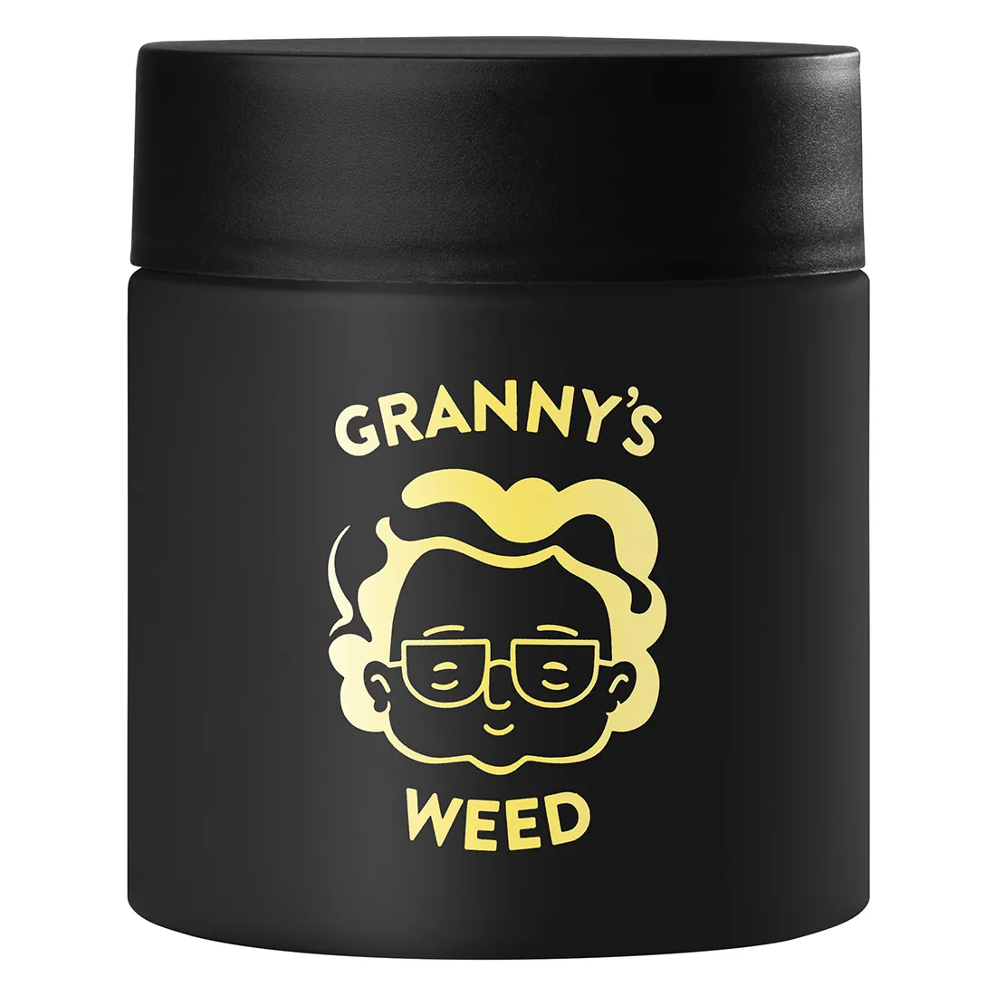 En sort urtekrukke med en glat, mat overflade præsenterer sig i en cylindrisk form. Krukken har en skruelåg, der er designet med en let buet top. På låget ses et diskret, indgraveret mønster, der tilføjer tekstur. Krukkens størrelse er kompakt, ideel til opbevaring, og den udstråler et minimalistisk design.