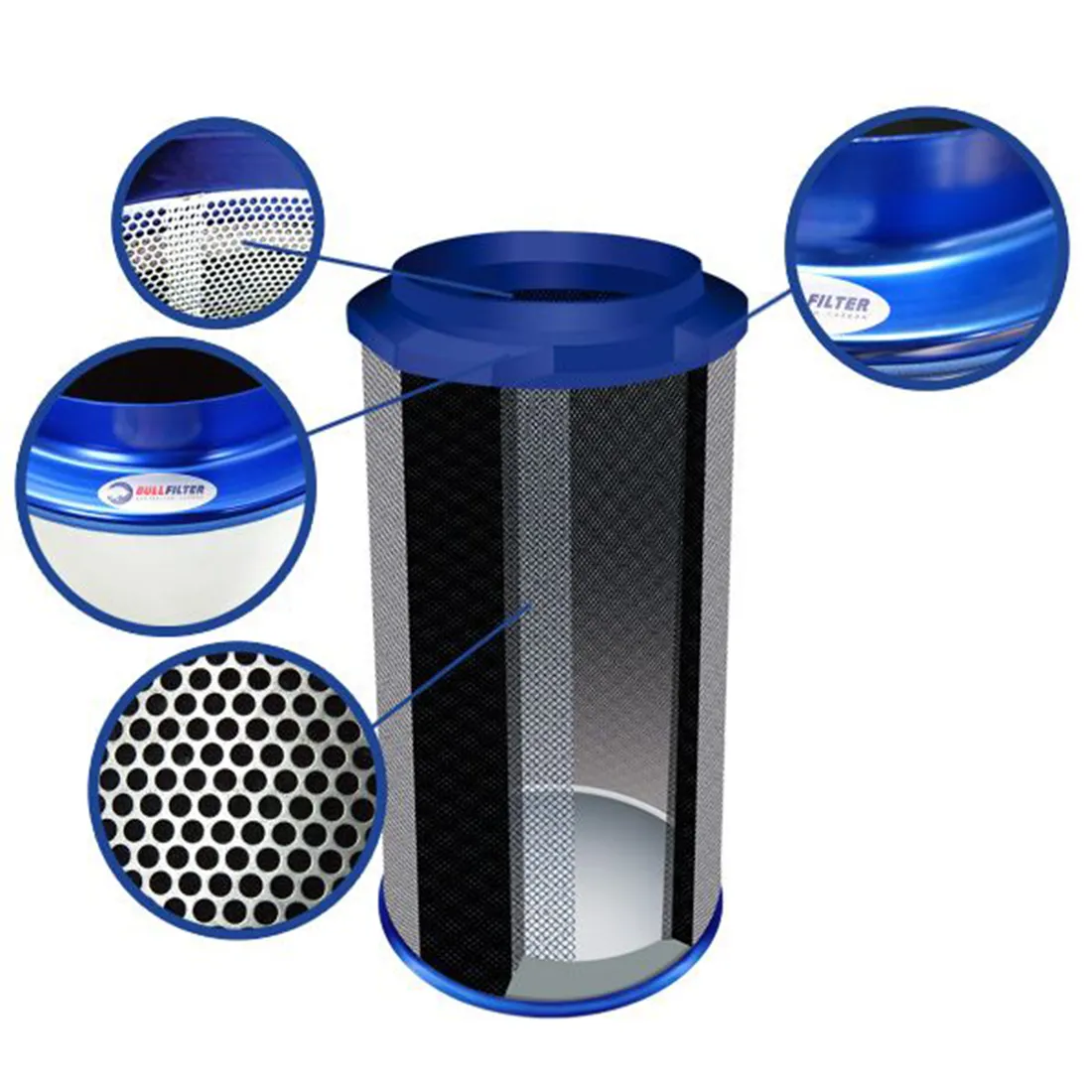 Et cylindrisk kulfilter i sort plast med en diameter på 125 mm. Filteret har en perforeret overflade, der giver indtryk af struktur. En metalramme omkranser filteret, og der er tydelige ventilationsåbninger. På toppen er der en skrue, der muliggør fastgørelse. Produktets design fremstår robust og funktionelt med glatte kanter.