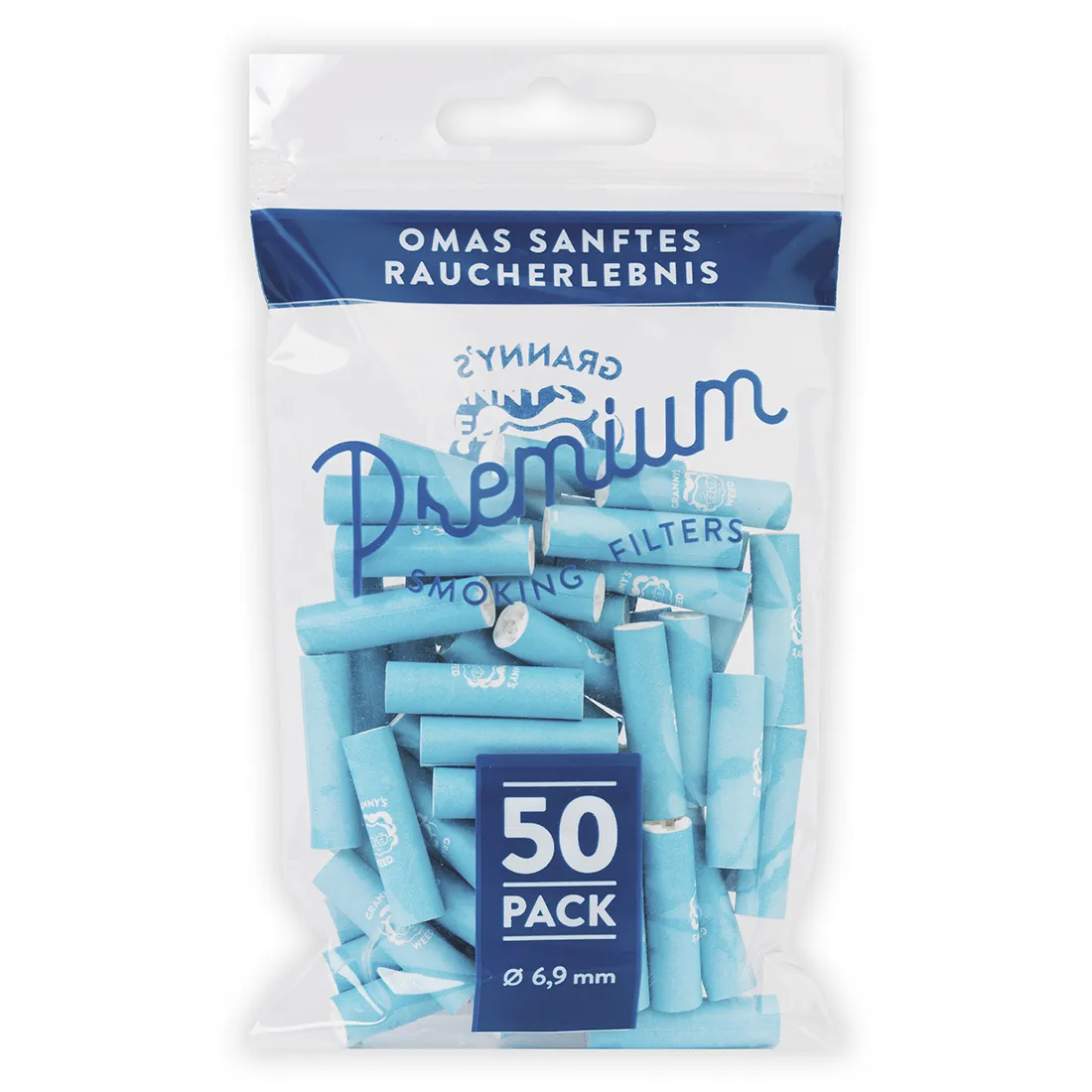 Aktivt kulfilter med en diameter på 6-9 mm, præsenteret i en blå emballage. Filterne er anordnet i en praktisk pakke med 50 styk. Overfladen har en glat tekstur, mens emballagen har klare, kontrasterende farver og et simpelt design. Der er tydelig tekst og symboler, der angiver produktinformation og brug.