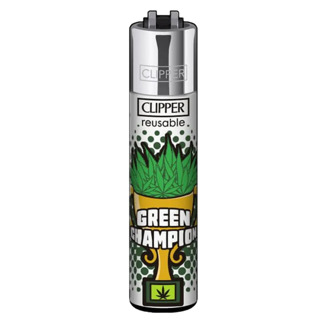 En grøn lighter med en glat, blank overflade og en let afrundet form. Den har en sort, plastisk top med en påtrykt logo. Knappen til flammen er placeret på siden og er let tilgængelig. Lighterens underside er flad og hvit, hvilket giver stabilitet. Farven er ensartet, og der er ingen synlige ridser eller mærker.