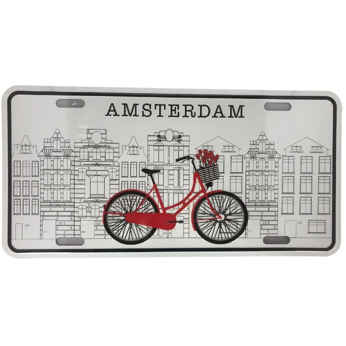 Et metal skilt præsenterer en detaljeret, stiliseret illustration af Amsterdams kanaler og karakteristiske husfacader. Farverne spænder fra dybe blå til varme brune nuancer, med fine linjer, der fremhæver husenes vinduer og tage. Skiltet har en glat, skinnende overflade, der reflekterer lys, og en diskret sort kant, som indrammer motivet.