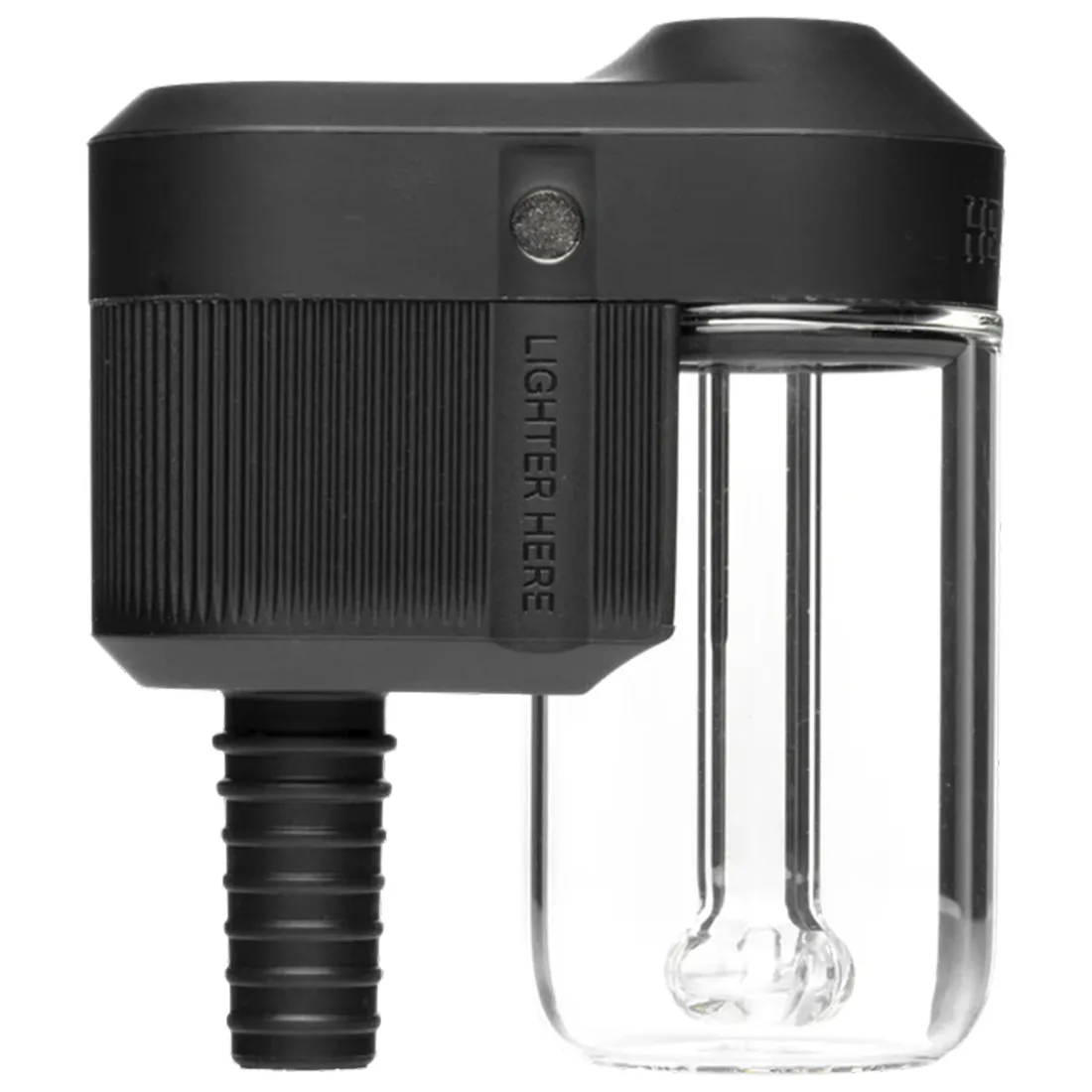 Ash catcher i klart glas med en cylindrisk form, der afsluttes med en bred åbning. Indvendigt er der et filter-system bestående af flere lag, der sikrer effektiv partikelopsamling. Kanten er forstærket med en tyk ring, og der er tre små ben i bunden, der giver stabilitet. Farven er gennemsigtig, hvilket fremhæver detaljerne i designet.