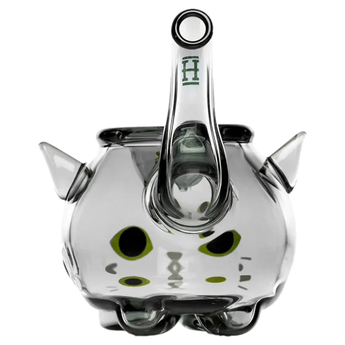 En sort vandpipe med en elegant, strømlinet form. Den er fremstillet af glat, sort plast og har en metallisk detalje ved toppen. Røret er buet og har en tydelig, glat overflade. Der er en lille, rund skål til tobaksprodukter, og en slange med en tekstureret overflade er fastgjort til en side. Hele designet udstråler moderne æstetik.